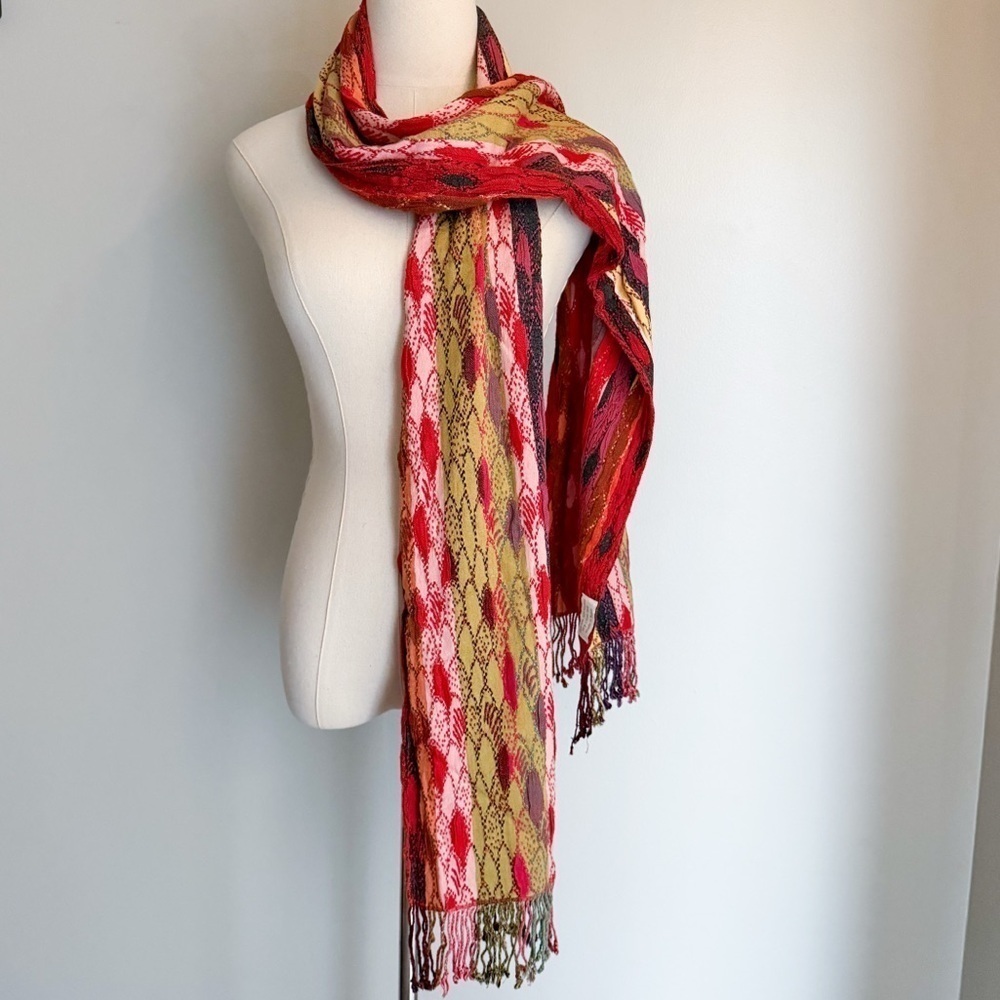 Vtg 90s Y2K 3D print fringe silk blend scarf multi color